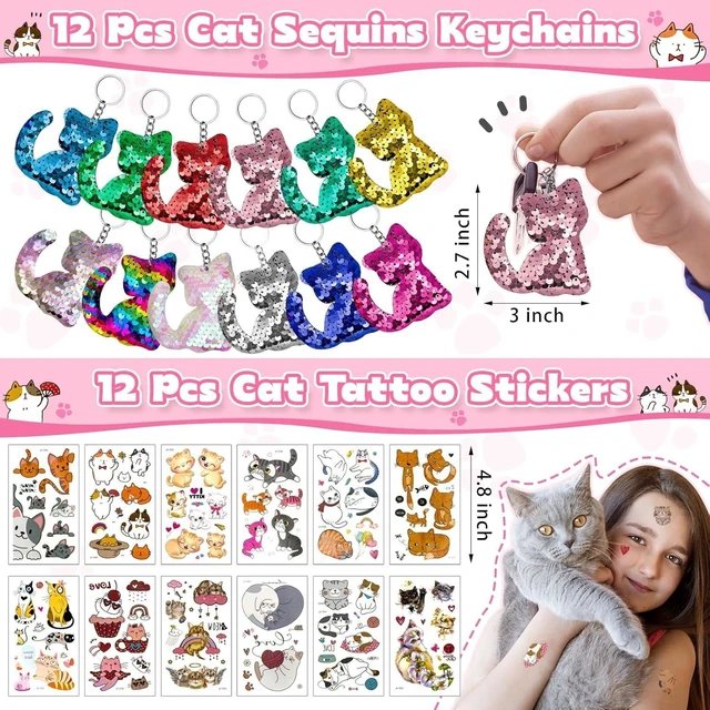 Alt view image 9 of 14 - 158Pcs Cat Party Favors Set with Cat Headband Keychains Tattoo Stickers Erasers Slap Bracelets Hairpin Goodie Bags Cat Party Supplies Cat Birthday Decorations Girl Party Favors