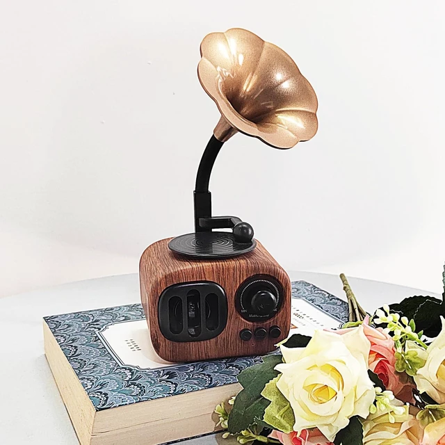 Alt view image 8 of 12 - Tipmant Mini Classic Wireless Bluetooth Speaker Stereo Audio Retro Vintage Record Player Model Home Room Decor