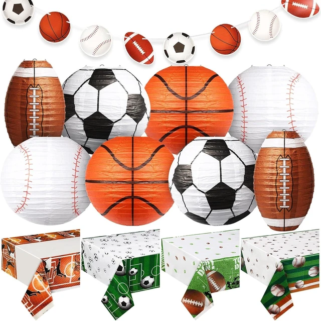 Alt view image 8 of 14 - Sports Party Decorations Set for Birthday, 8 Hanging Lanterns, 4 Tablecloths & 2 Banners, Basketball, Soccer, Football, Birthday Themed Party Supplies
