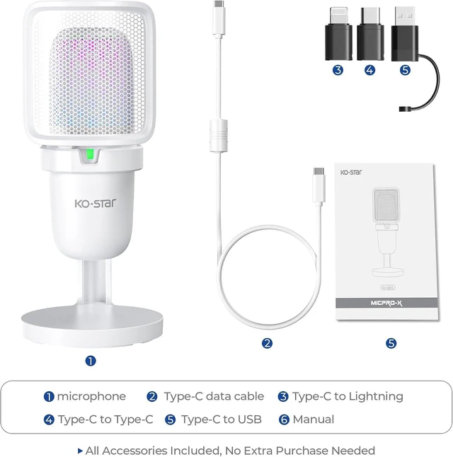 Alt view image 9 of 14 - RGB USB Microphone, White Gaming Mic for PC, PS5, Laptop, Phone, Condenser Mic with Touch Mute, Pop Filter, Cardioid Pickup, Plug & Play for Streaming, Podcast, Recording, Gaming