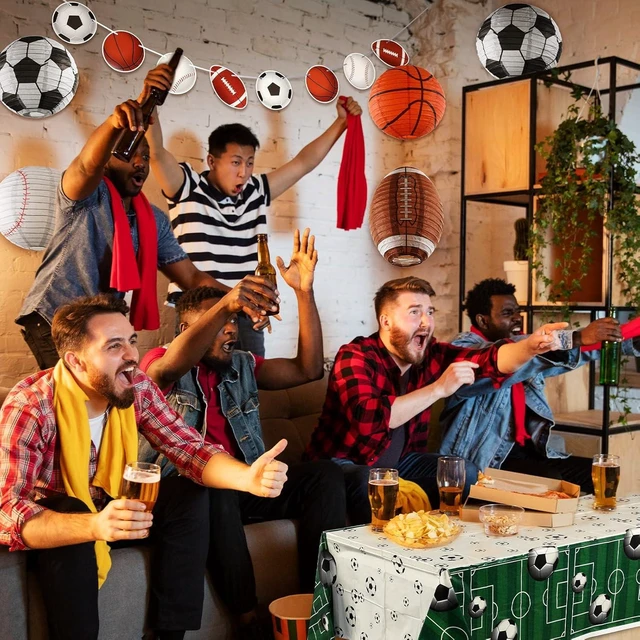 Alt view image 14 of 14 - Sports Party Decorations Set for Birthday, 8 Hanging Lanterns, 4 Tablecloths & 2 Banners, Basketball, Soccer, Football, Birthday Themed Party Supplies