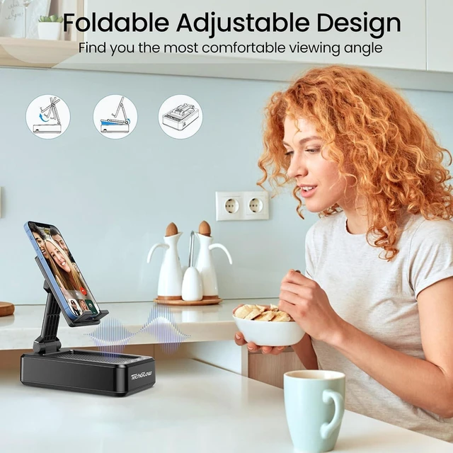 Alt view image 10 of 14 - TechGlow Gifts for Men Foldable Cellphone Stand with Bluetooth Speaker Wireless Speaker with Phone Holder Birthday Gift Idea for Man Woman Cool Gadget