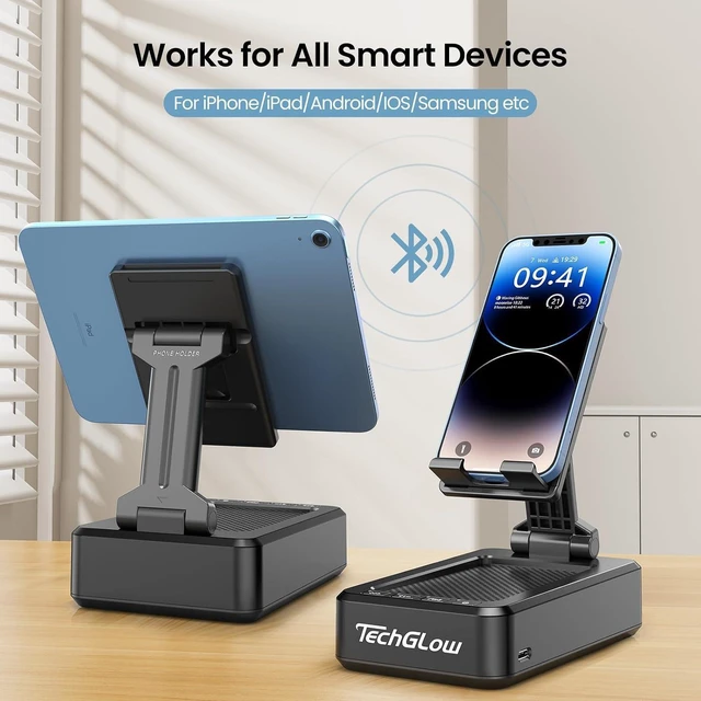 Alt view image 12 of 14 - TechGlow Gifts for Men Foldable Cellphone Stand with Bluetooth Speaker Wireless Speaker with Phone Holder Birthday Gift Idea for Man Woman Cool Gadget