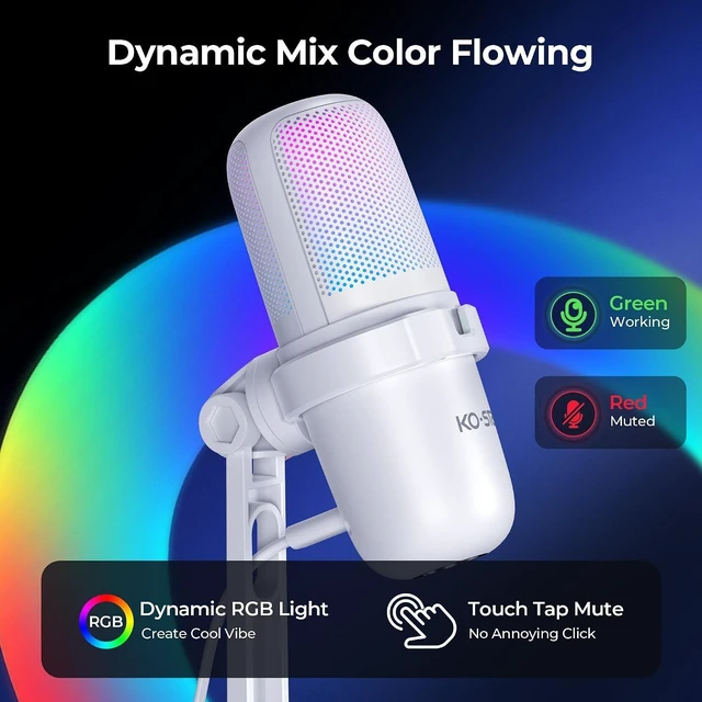 Alt view image 10 of 14 - RGB USB Microphone, White Gaming Mic for PC, PS5, Laptop, Phone, Condenser Mic with Touch Mute, Pop Filter, Cardioid Pickup, Plug & Play for Streaming, Podcast, Recording, Gaming