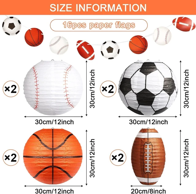 Alt view image 9 of 14 - Sports Party Decorations Set for Birthday, 8 Hanging Lanterns, 4 Tablecloths & 2 Banners, Basketball, Soccer, Football, Birthday Themed Party Supplies
