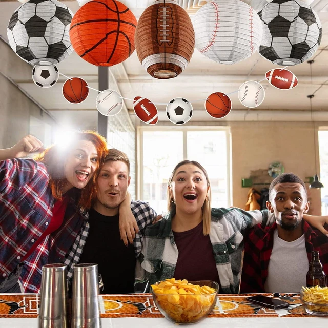 Alt view image 13 of 14 - Sports Party Decorations Set for Birthday, 8 Hanging Lanterns, 4 Tablecloths & 2 Banners, Basketball, Soccer, Football, Birthday Themed Party Supplies