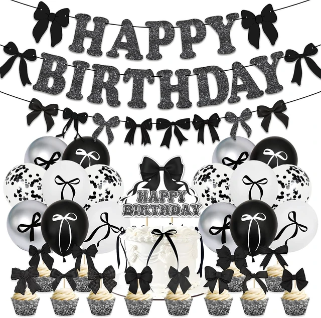 Alt view image 6 of 10 - Black Bow Birthday Party Kit Decoration Bow Happy Birthday Banner Confetti Balloon Latex Balloon Bow Cake Toppers Bow Theme Party Birthday Party Decoration Supplies