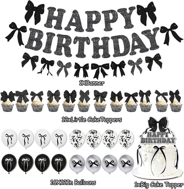Alt view image 7 of 10 - Black Bow Birthday Party Kit Decoration Bow Happy Birthday Banner Confetti Balloon Latex Balloon Bow Cake Toppers Bow Theme Party Birthday Party Decoration Supplies