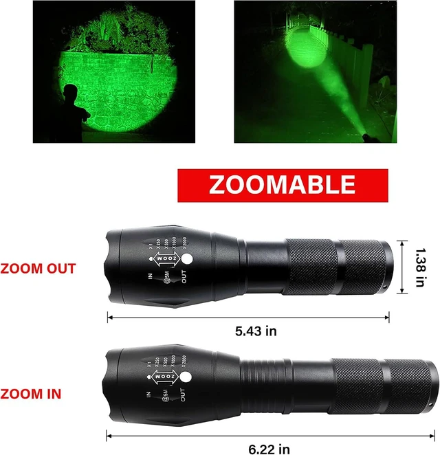 Alt view image 7 of 12 - Green Light Flashlight, Single Mode Green LED Hunting, Zoomable Varmint Predator Coyote Hog, Green Flashlight for Night Vision, Astronomy
