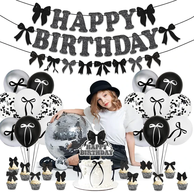 Alt view image 8 of 10 - Black Bow Birthday Party Kit Decoration Bow Happy Birthday Banner Confetti Balloon Latex Balloon Bow Cake Toppers Bow Theme Party Birthday Party Decoration Supplies