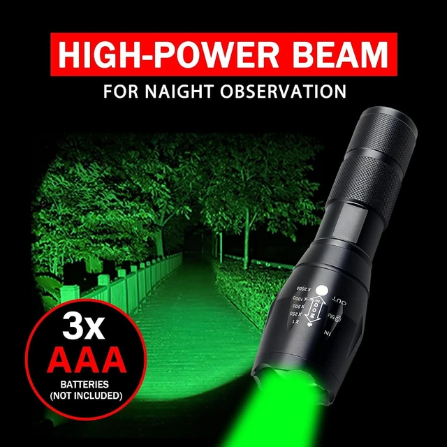 Alt view image 8 of 12 - Green Light Flashlight, Single Mode Green LED Hunting, Zoomable Varmint Predator Coyote Hog, Green Flashlight for Night Vision, Astronomy