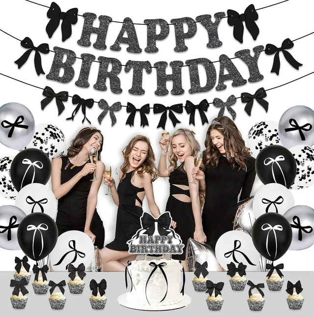 Alt view image 10 of 10 - Black Bow Birthday Party Kit Decoration Bow Happy Birthday Banner Confetti Balloon Latex Balloon Bow Cake Toppers Bow Theme Party Birthday Party Decoration Supplies