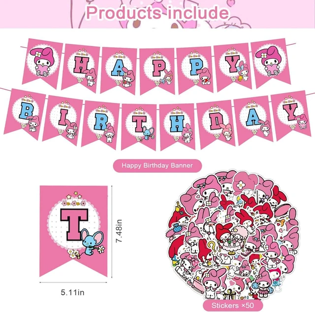 Alt view image 9 of 14 - My Melody Party Decorations - Birthday Party Supplies Includes Banner, Cake Topper, 12 Cupcake Toppers, 18 Balloons, 50 My Melody Stickers