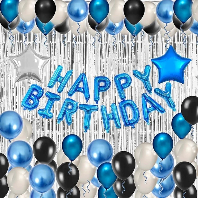 Alt view image 8 of 14 - Blue Black Birthday Party Decorations Kit for Men 49 Pieces, Happy Birthday Banner, Fringe Curtains, Foil Star & Balloons Party Décor for Men Boys Women Girls Birthday Party Supplies