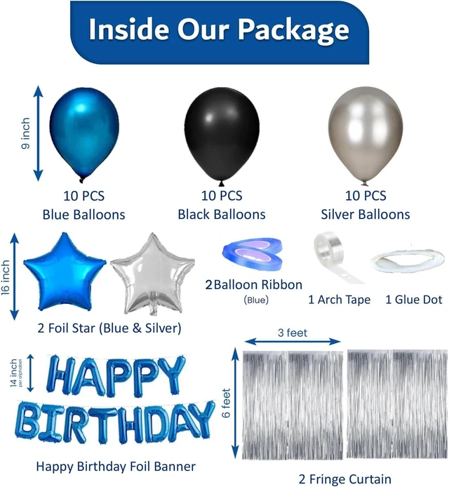 Alt view image 9 of 14 - Blue Black Birthday Party Decorations Kit for Men 49 Pieces, Happy Birthday Banner, Fringe Curtains, Foil Star & Balloons Party Décor for Men Boys Women Girls Birthday Party Supplies