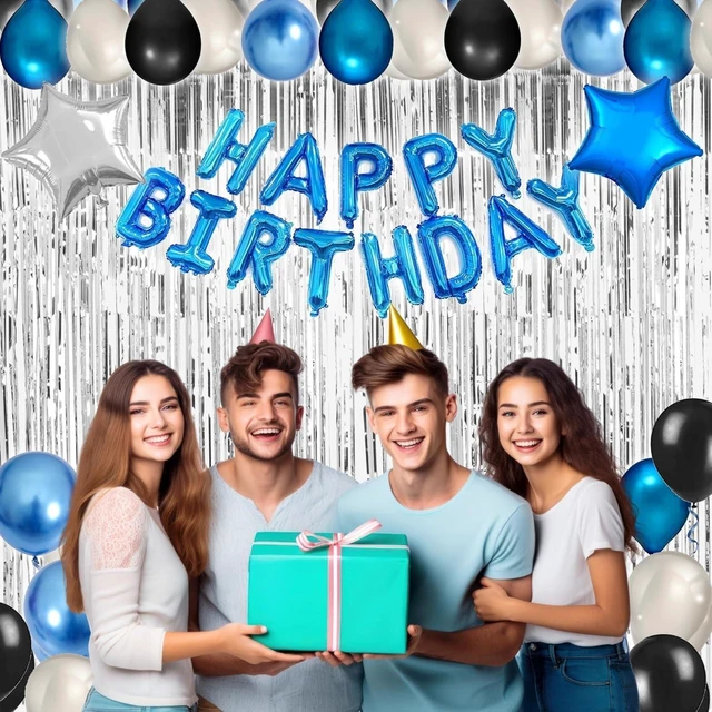 Alt view image 11 of 14 - Blue Black Birthday Party Decorations Kit for Men 49 Pieces, Happy Birthday Banner, Fringe Curtains, Foil Star & Balloons Party Décor for Men Boys Women Girls Birthday Party Supplies