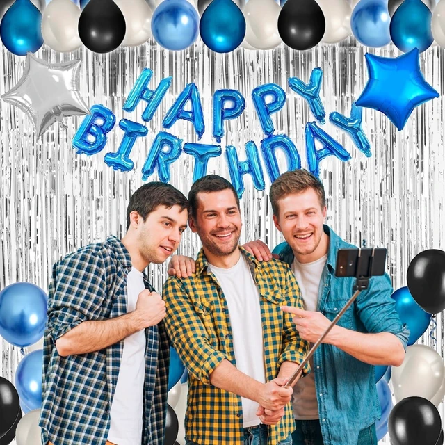 Alt view image 10 of 14 - Blue Black Birthday Party Decorations Kit for Men 49 Pieces, Happy Birthday Banner, Fringe Curtains, Foil Star & Balloons Party Décor for Men Boys Women Girls Birthday Party Supplies