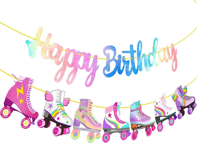 Alt view image 8 of 14 - Roller Skating Birthday Party Banner Roller Skating Party Decorations Neon Rainbow Glitter Skate Happy Birthday Banner for Roller Skater Themed Party Baby Shower Supplies