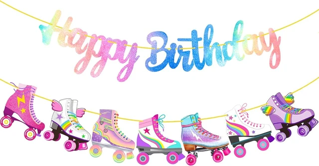 Alt view image 9 of 14 - Roller Skating Birthday Party Banner Roller Skating Party Decorations Neon Rainbow Glitter Skate Happy Birthday Banner for Roller Skater Themed Party Baby Shower Supplies