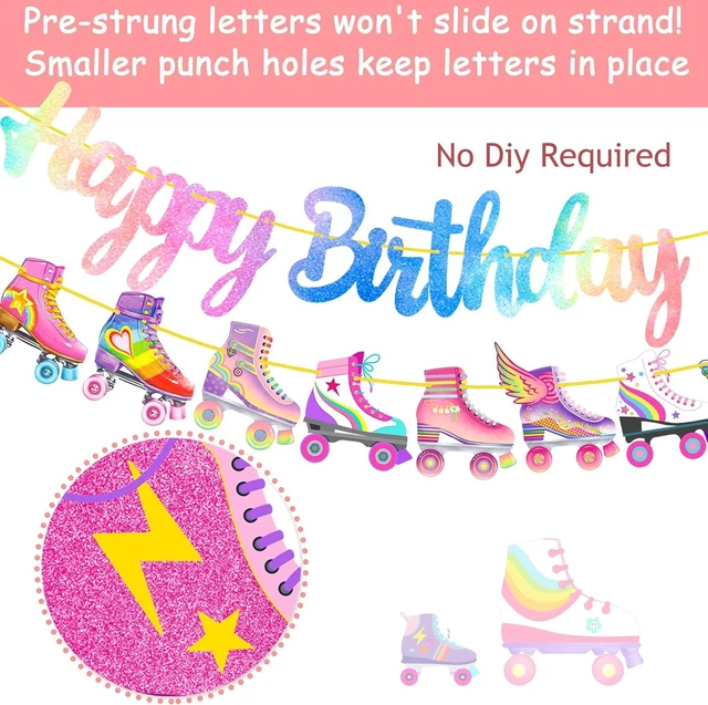 Alt view image 11 of 14 - Roller Skating Birthday Party Banner Roller Skating Party Decorations Neon Rainbow Glitter Skate Happy Birthday Banner for Roller Skater Themed Party Baby Shower Supplies
