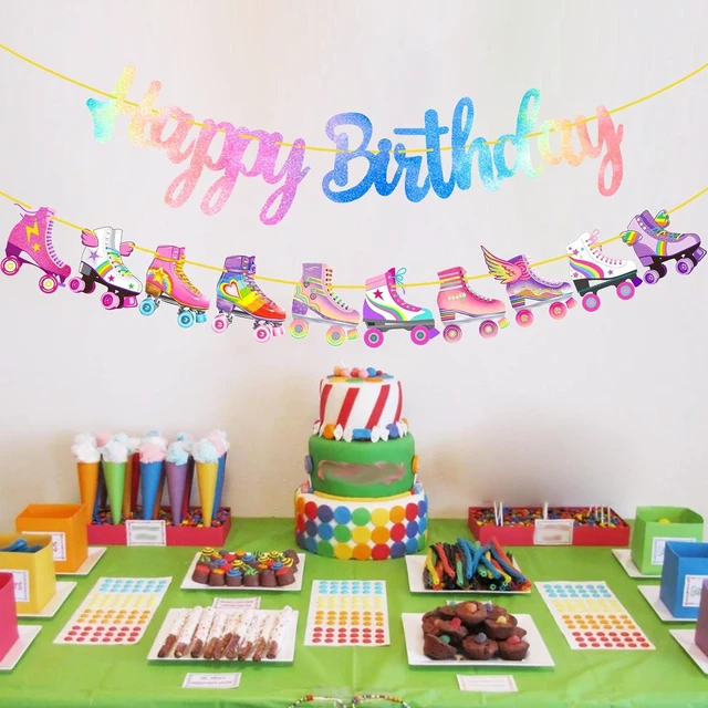 Alt view image 14 of 14 - Roller Skating Birthday Party Banner Roller Skating Party Decorations Neon Rainbow Glitter Skate Happy Birthday Banner for Roller Skater Themed Party Baby Shower Supplies