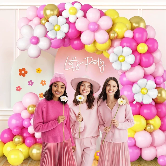 Alt view image 12 of 14 - Yellow Pink Balloon Garland, Daisy Balloon Arch with Metallic Gold Party Flower Balloons For Birthday Baby Shower Wedding Groovy Theme Decorations