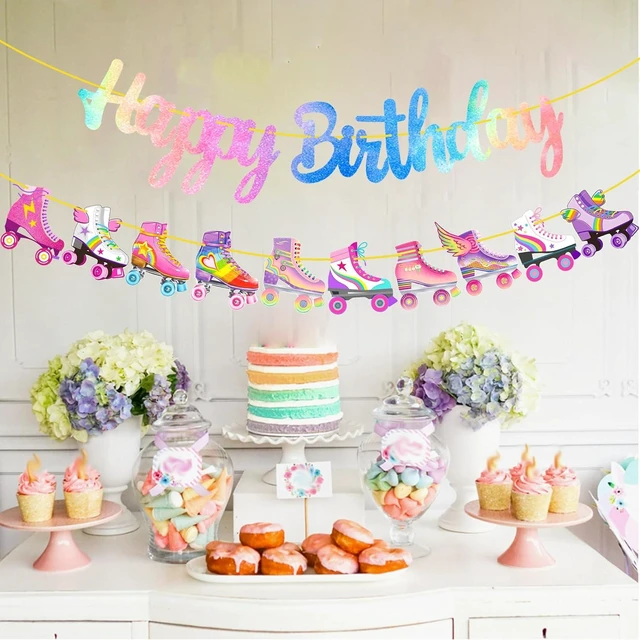 Alt view image 13 of 14 - Roller Skating Birthday Party Banner Roller Skating Party Decorations Neon Rainbow Glitter Skate Happy Birthday Banner for Roller Skater Themed Party Baby Shower Supplies