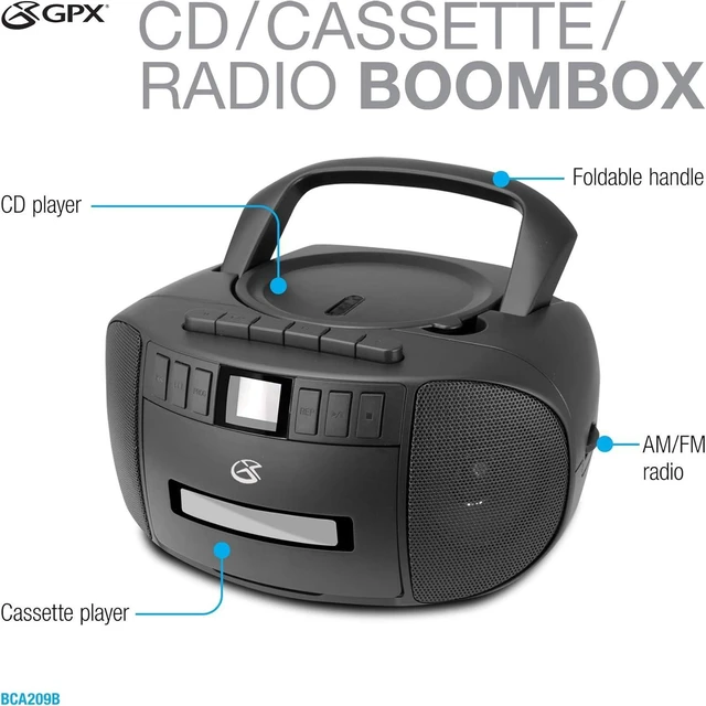 Alt view image 12 of 14 - GPX BCA209B Portable Am/FM Boombox with CD and Cassette Player, Black