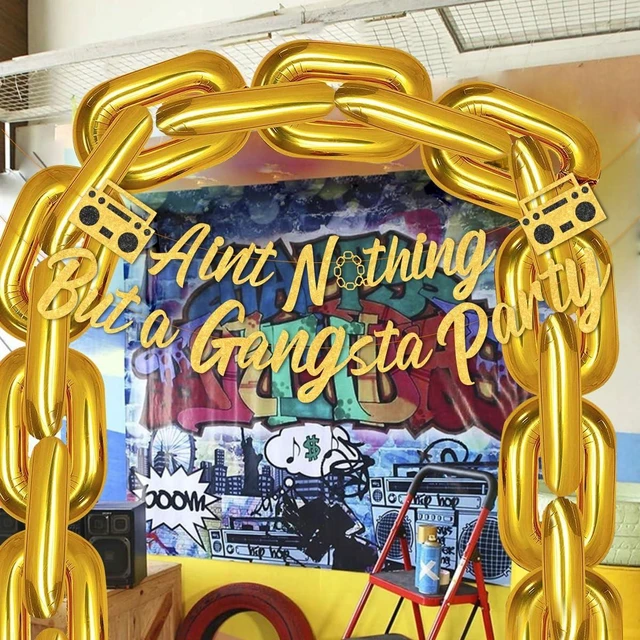 Alt view image 8 of 12 - Hip Hop Party Decorations, Glitter Ain't Nothing But a Gangsta Banner Jumbo Chain Balloons, Hippie Retro Disco Theme 70s 80s 90s Birthday Party Decor