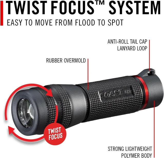 Alt view image 13 of 14 - Coast GX10 550 Lumen Compact & Waterproof Dual Power LED Flashlight with Grip-Textured Handle, 4 Light Modes, Twist Focus & Pure Beam® Technology