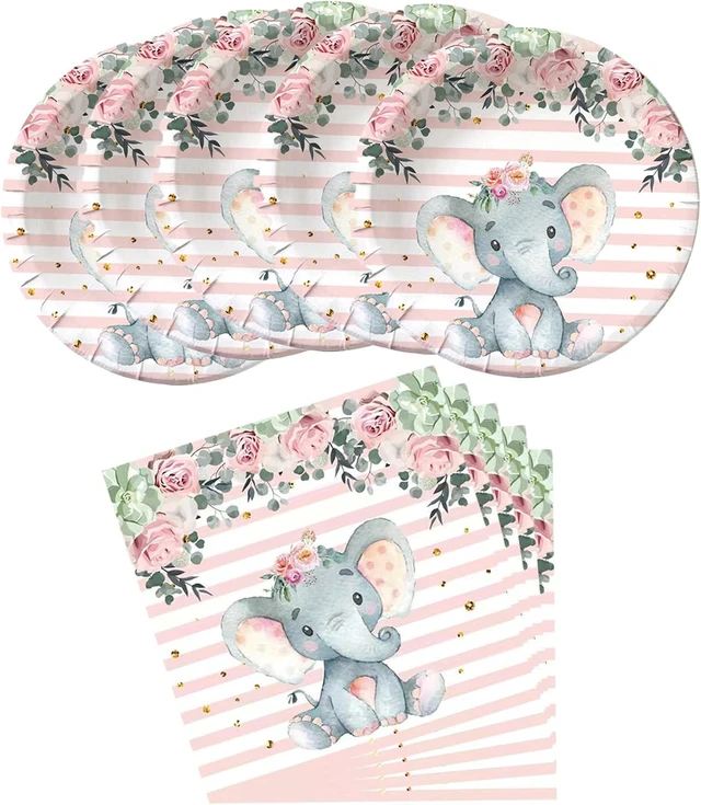 Alt view image 6 of 10 - HJFZLY Elephant Baby Shower, Pink Elephant Birthday Party Supplies, 20 Plates and 20 Napkins, Elephant Theme Birthday Party Decoration for Girl