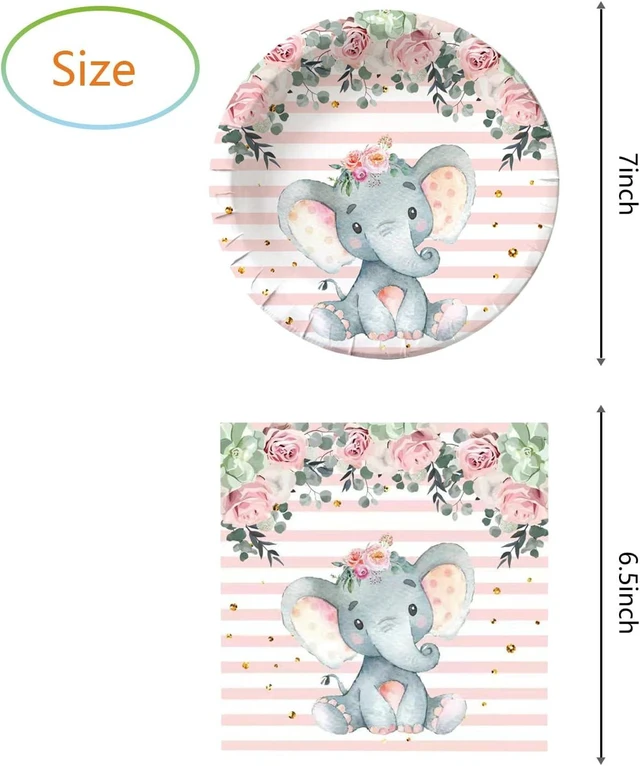 Alt view image 7 of 10 - HJFZLY Elephant Baby Shower, Pink Elephant Birthday Party Supplies, 20 Plates and 20 Napkins, Elephant Theme Birthday Party Decoration for Girl