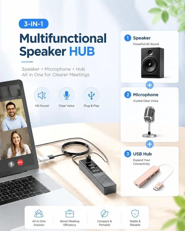 Alt view image 9 of 14 - 3 in 1 USB Computer Speaker with Microphone, PC Laptop Desktop Conference Speaker with Mic for Smart Home Office and Online Study360 Degree Enhanced