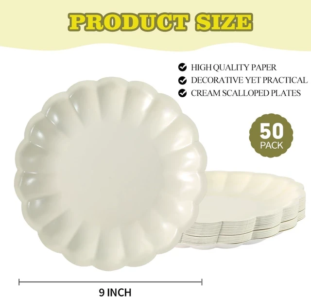 Alt view image 9 of 14 - BHHQHH 50Pcs Disposable Scalloped Paper Plates Shell Edge Dinner Paper Plates for Wedding Baby Shower Birthday Party Bridal Party Supplies(9 Inch)