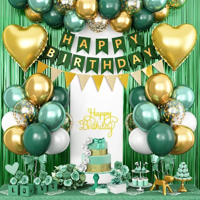Alt view image 8 of 14 - Green Birthday Decorations,Happy Birthday Banner Emerald Green and Gold Balloons Fringe Curtain Heart Foil Balloons for Women Men Party Decor