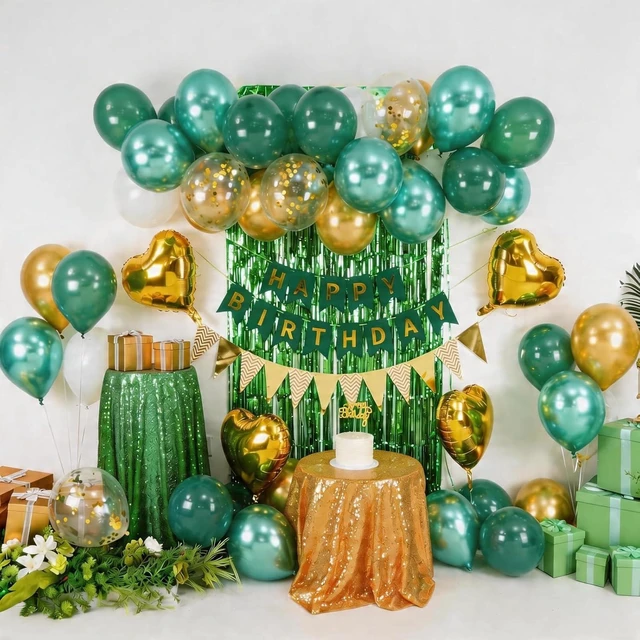 Alt view image 10 of 14 - Green Birthday Decorations,Happy Birthday Banner Emerald Green and Gold Balloons Fringe Curtain Heart Foil Balloons for Women Men Party Decor