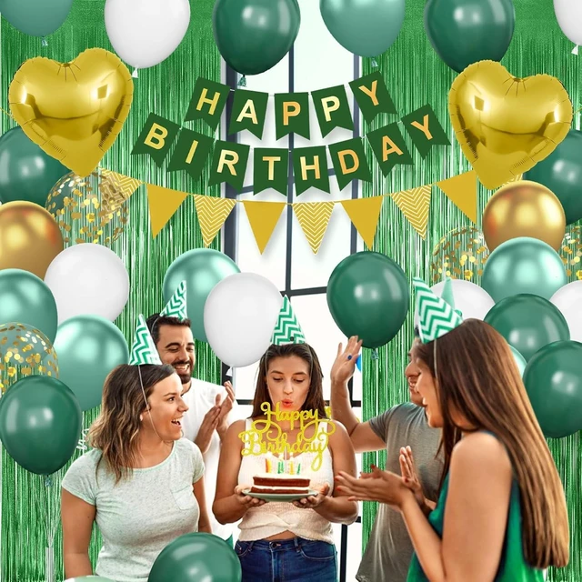 Alt view image 12 of 14 - Green Birthday Decorations,Happy Birthday Banner Emerald Green and Gold Balloons Fringe Curtain Heart Foil Balloons for Women Men Party Decor