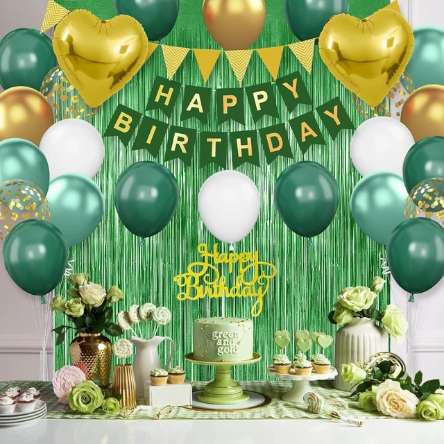 Alt view image 13 of 14 - Green Birthday Decorations,Happy Birthday Banner Emerald Green and Gold Balloons Fringe Curtain Heart Foil Balloons for Women Men Party Decor