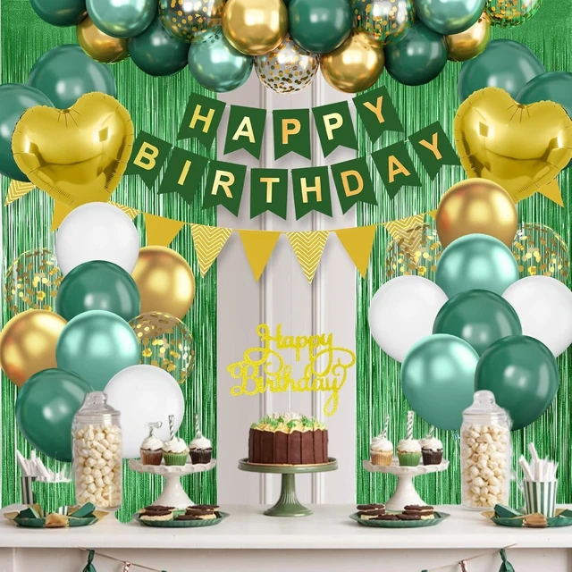 Alt view image 14 of 14 - Green Birthday Decorations,Happy Birthday Banner Emerald Green and Gold Balloons Fringe Curtain Heart Foil Balloons for Women Men Party Decor