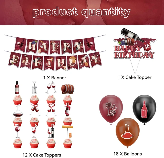 Alt view image 9 of 14 - Red Wine Party Decorations Birthday Decorations Includes Red Wine Happy Birthday Banner Cake Topper Cupcake Toppers Balloons for Wine Party Supplies Men Women Birthday Party