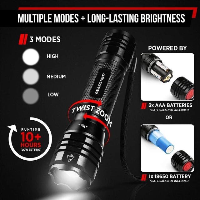 Alt view image 10 of 14 - GearLight S1050 LED Flashlight High Lumens - for Camping, Hiking, Dog Walking - Powerful Emergency Flashlights with 3 Modes for Outdoor Use - Bright Flashlight - 2 Pack, (Batteries Not Included)