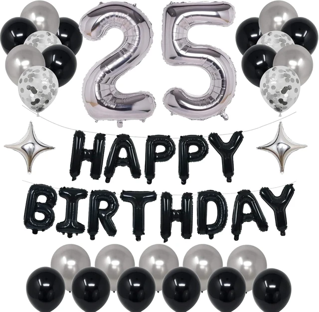 Alt view image 7 of 12 - 25th Black Silver Birthday Party Decorations for Men Women, Happy 25 Birthday Party Supplies with Black Happy Birthday Banner, Silver Foil Stars, Happy Birthday Balloons for 25th Birthday