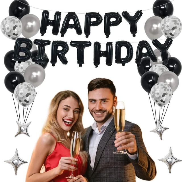 Alt view image 9 of 12 - 25th Black Silver Birthday Party Decorations for Men Women, Happy 25 Birthday Party Supplies with Black Happy Birthday Banner, Silver Foil Stars, Happy Birthday Balloons for 25th Birthday