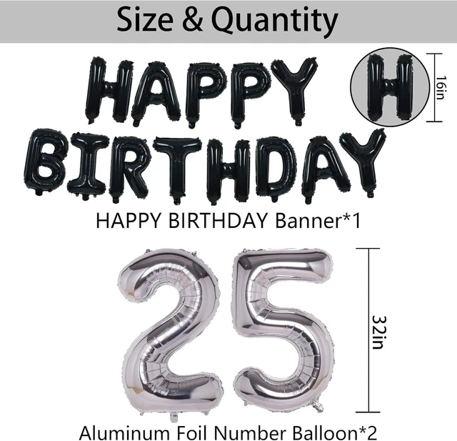 Alt view image 11 of 12 - 25th Black Silver Birthday Party Decorations for Men Women, Happy 25 Birthday Party Supplies with Black Happy Birthday Banner, Silver Foil Stars, Happy Birthday Balloons for 25th Birthday
