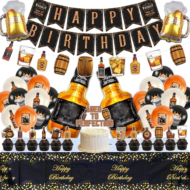 Alt view image 8 of 14 - Whiskey Birthday Party Decorations for Men Aged to Perfection Party Supplies Include Birthday Banner Whiskey Garland Tablecloth Cake Toppers Foil Balloons for Whiskey Party Decorations for Dad Daddy