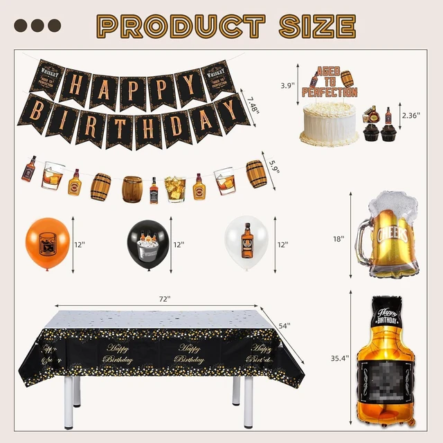 Alt view image 10 of 14 - Whiskey Birthday Party Decorations for Men Aged to Perfection Party Supplies Include Birthday Banner Whiskey Garland Tablecloth Cake Toppers Foil Balloons for Whiskey Party Decorations for Dad Daddy