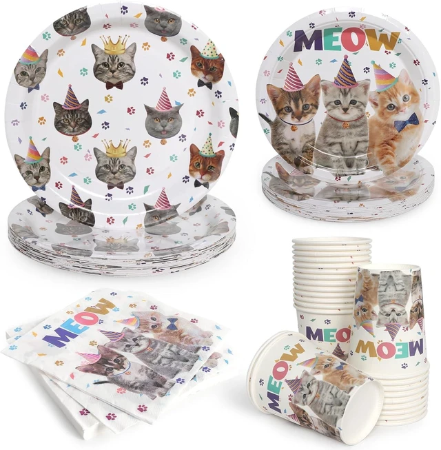 Alt view image 8 of 14 - 96Pcs Cat Birthday Party Supplies Pet Cat Paper Plates and Napkins and Cups Baby Shower Kids Birthday Tea Party Decorations, Serves 24