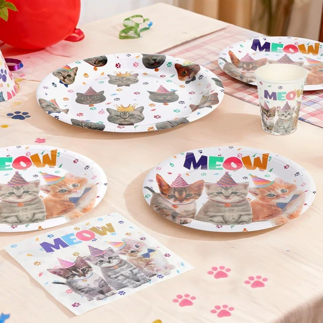 Alt view image 9 of 14 - 96Pcs Cat Birthday Party Supplies Pet Cat Paper Plates and Napkins and Cups Baby Shower Kids Birthday Tea Party Decorations, Serves 24