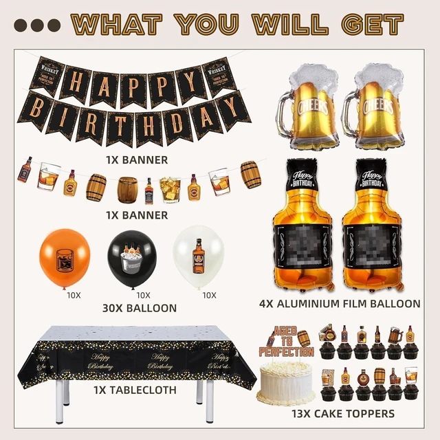 Alt view image 9 of 14 - Whiskey Birthday Party Decorations for Men Aged to Perfection Party Supplies Include Birthday Banner Whiskey Garland Tablecloth Cake Toppers Foil Balloons for Whiskey Party Decorations for Dad Daddy