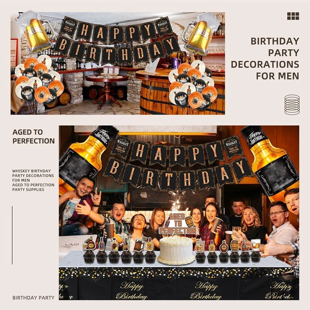 Alt view image 13 of 14 - Whiskey Birthday Party Decorations for Men Aged to Perfection Party Supplies Include Birthday Banner Whiskey Garland Tablecloth Cake Toppers Foil Balloons for Whiskey Party Decorations for Dad Daddy